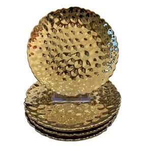 Terra Tidbit Appetizer Plates 6" Hammered  Gold Set of 4 Holiday Glam New